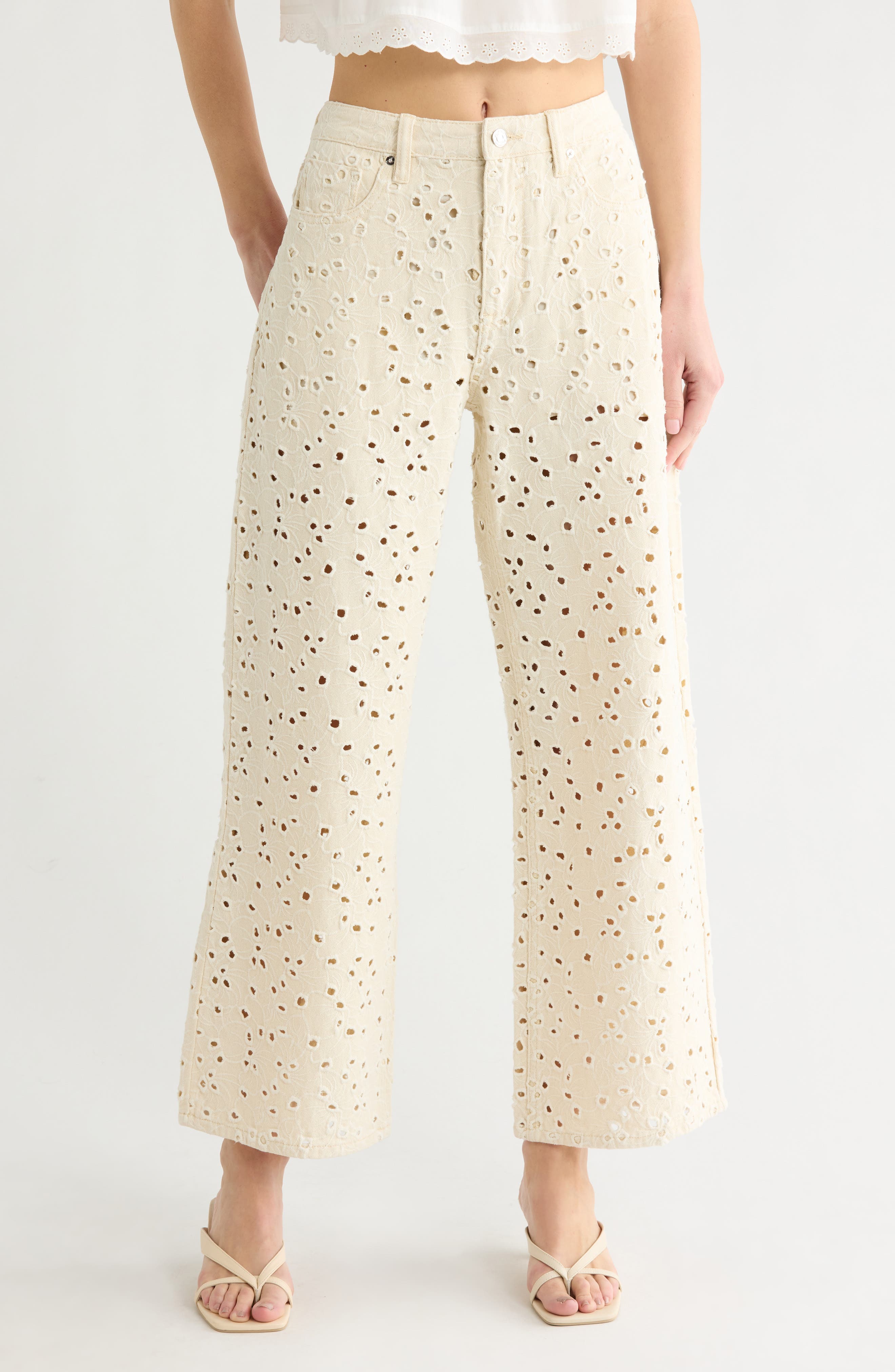 Vigoss Embroidered Eyelet High Waist Straight Leg Jeans