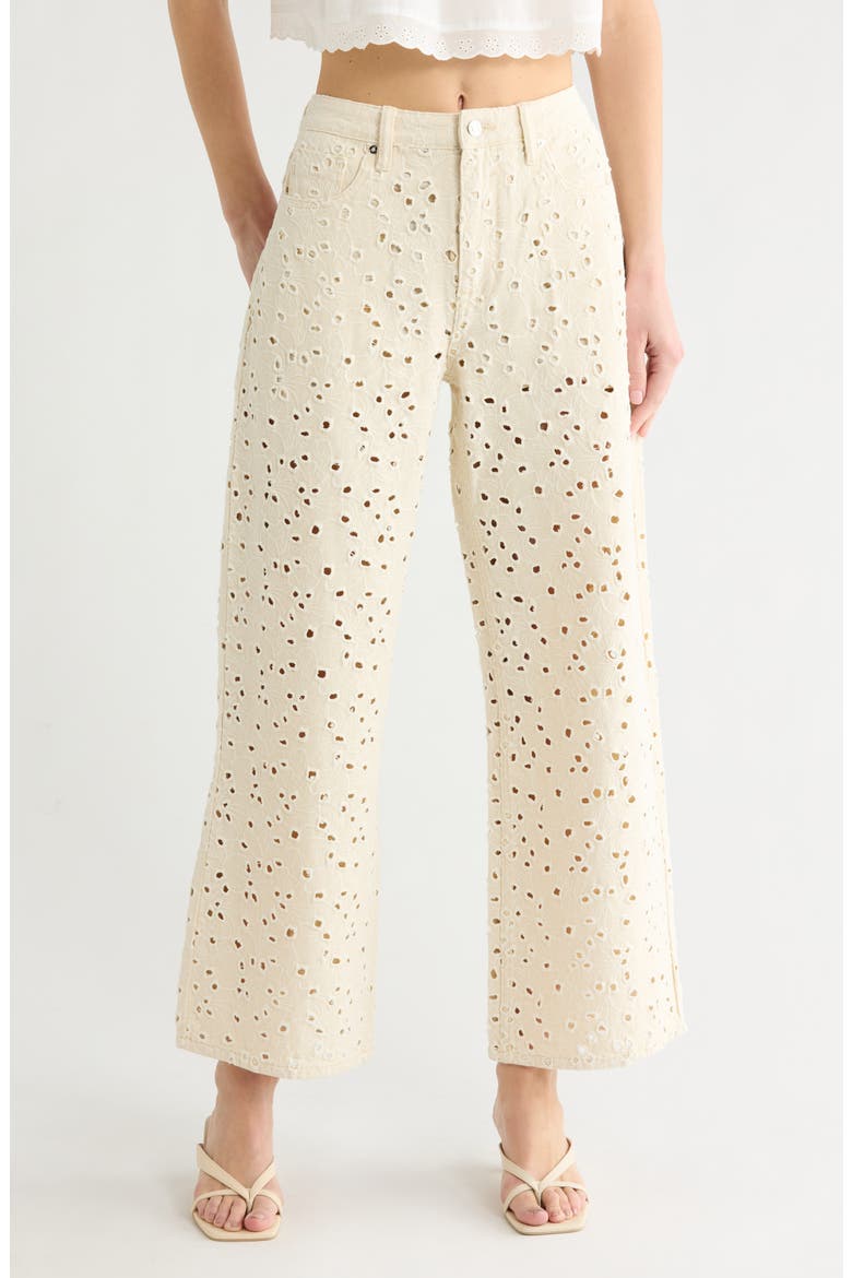 Embroidered Eyelet High Waist Straight Leg Jeans, Main, color, ECRU
