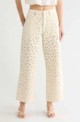 Embroidered Eyelet High Waist Straight Leg Jeans