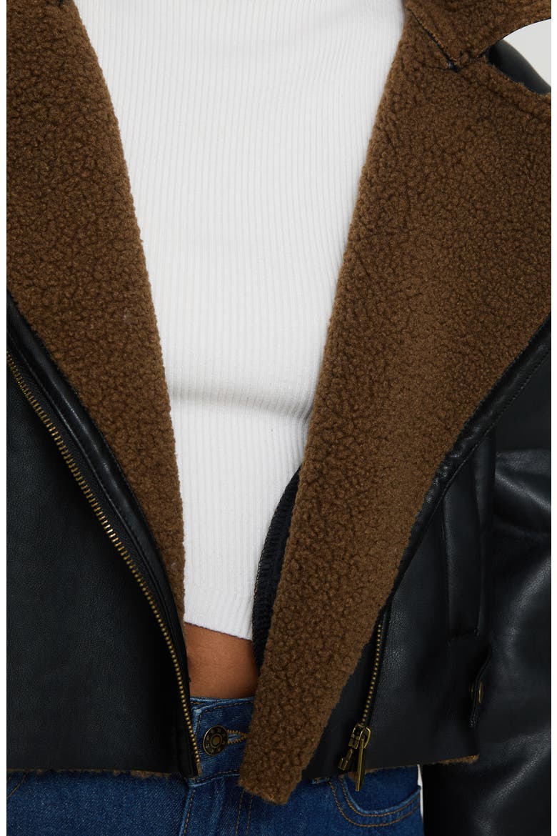 Faux Leather Crop Jacket with Faux Shearling Trim, Alternate, color, BLACK