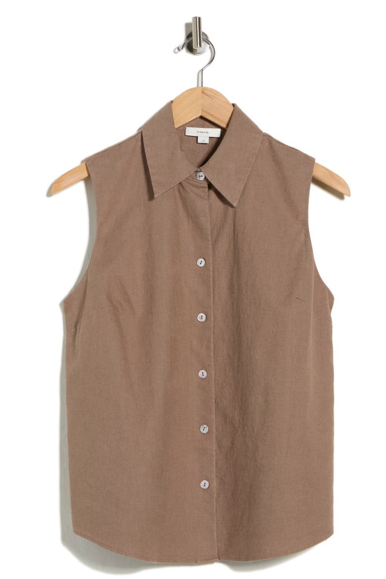 Sleeveless Cotton Blend Button-Up Shirt, Alternate, color, DESERT WIND