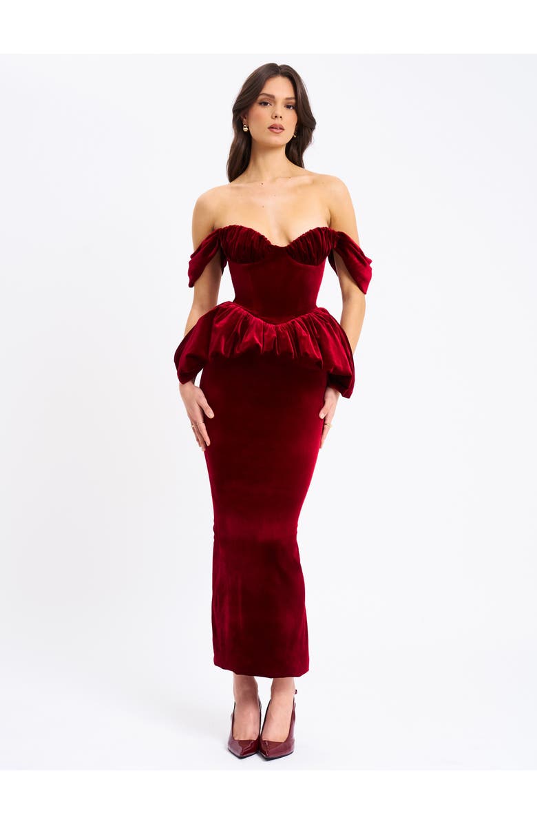 Miss Circle Abigail Velvet Off Shoulder Bubble Hem Peplum Maxi Dress, Alternate, color, 