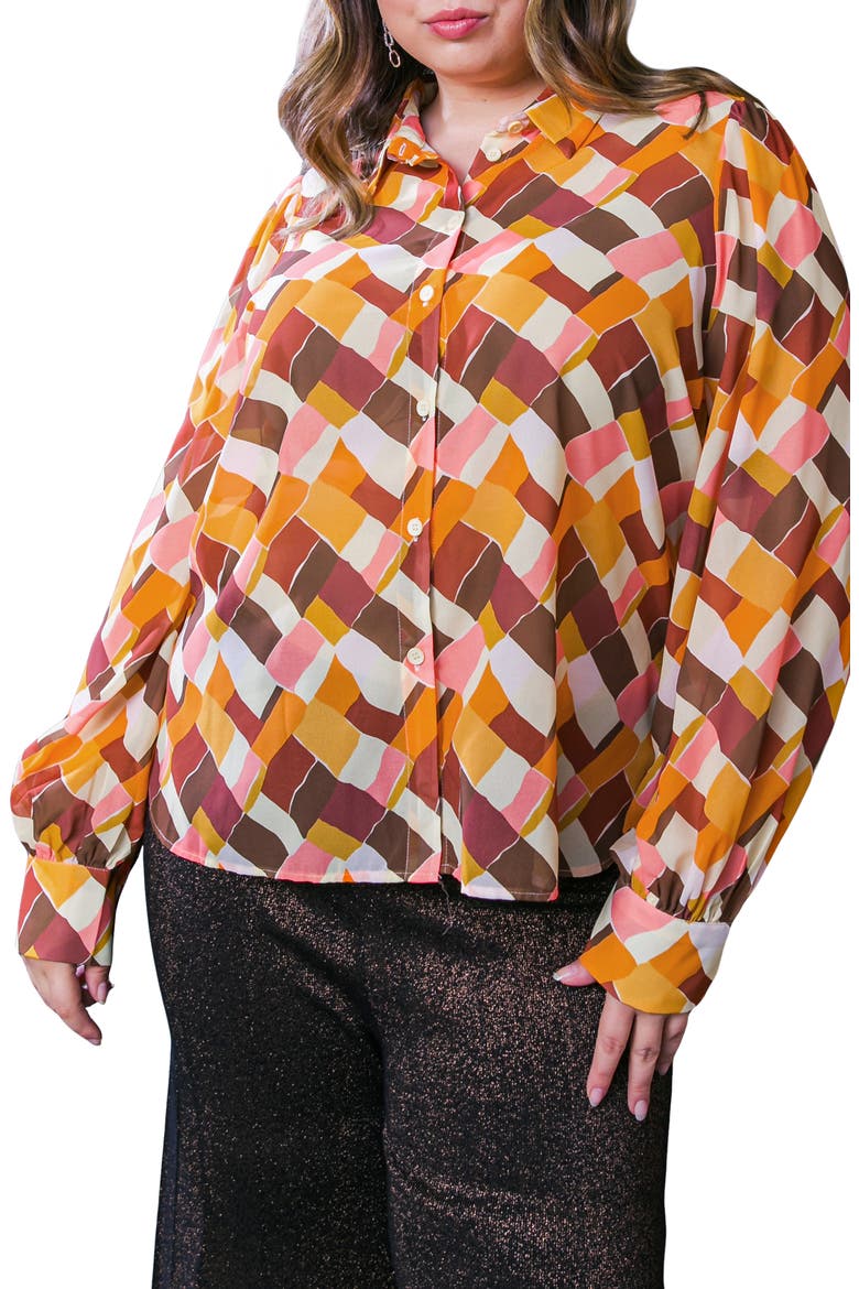 Geometric Print Long Sleeve Button-Up Shirt, Main, color, MUSTARD BROWN