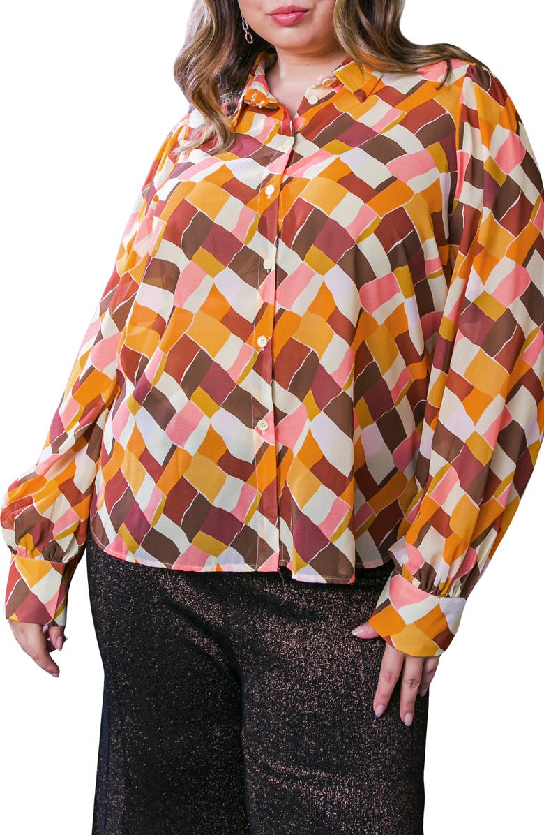 FLYING TOMATO Geometric Print Long Sleeve Button-Up Shirt, Main, color, Mustard Brown