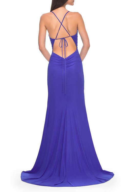La Femme Net Jersey Ruched Prom Dress With Illusion Bodice In Royal Blue