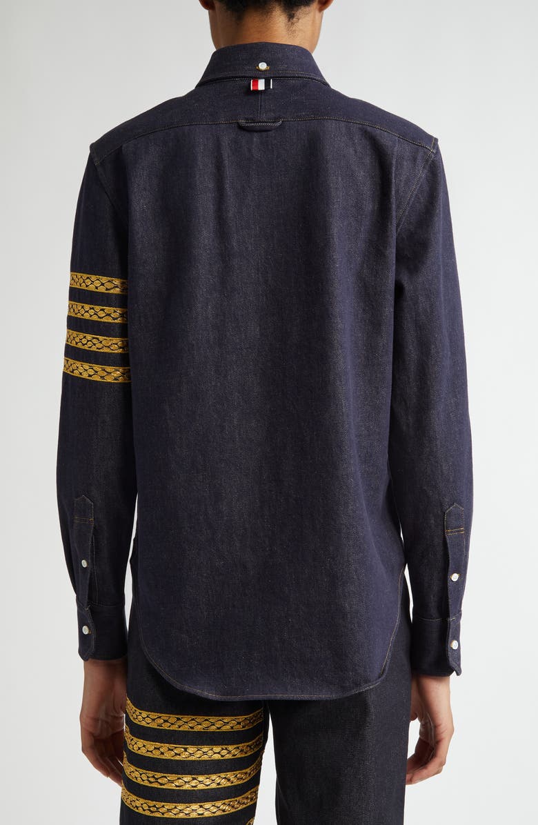 Thom Browne Lunar New Year Snake 4-Bar Denim Button-Up Shirt, Alternate, color,