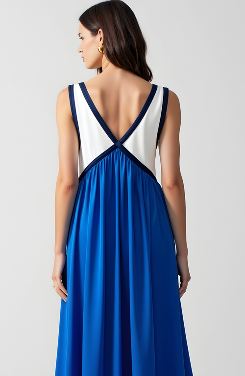 Modenaire Sleeveless Colorblock Maxi Dress With Empire Waist And V-neckline In Blue
