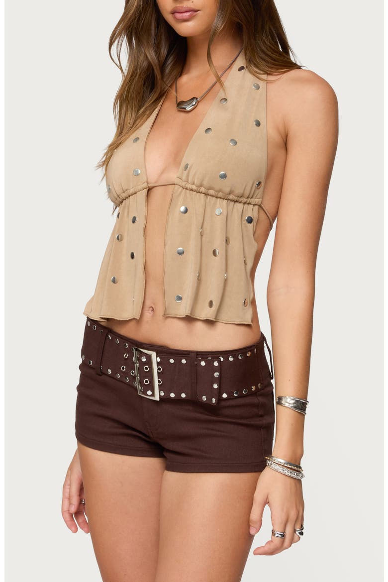 Studded Faux Suede Split Front Halter Top, Alternate, color, MOCHA