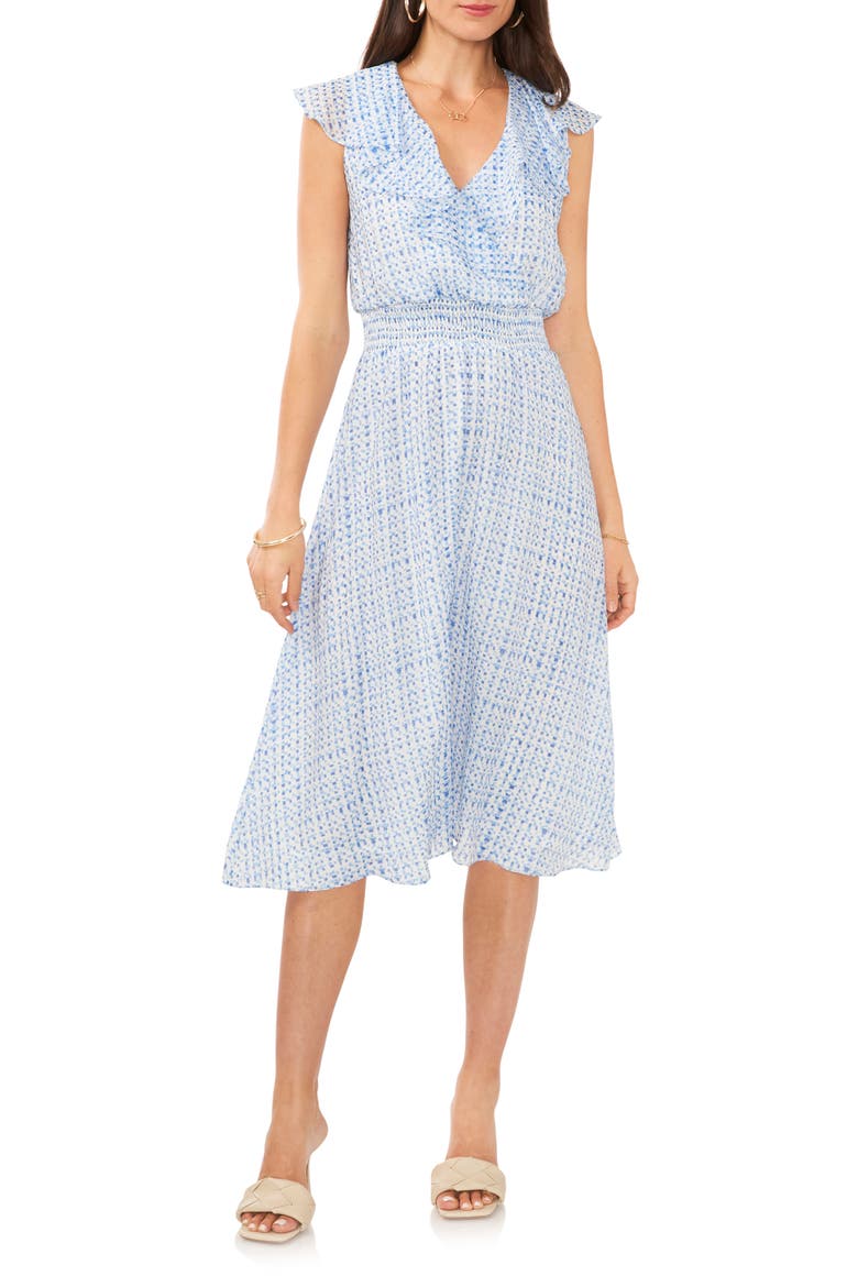 Geometric Print Smocked Waist Midi Dress, Main, color, AIRY BLUE