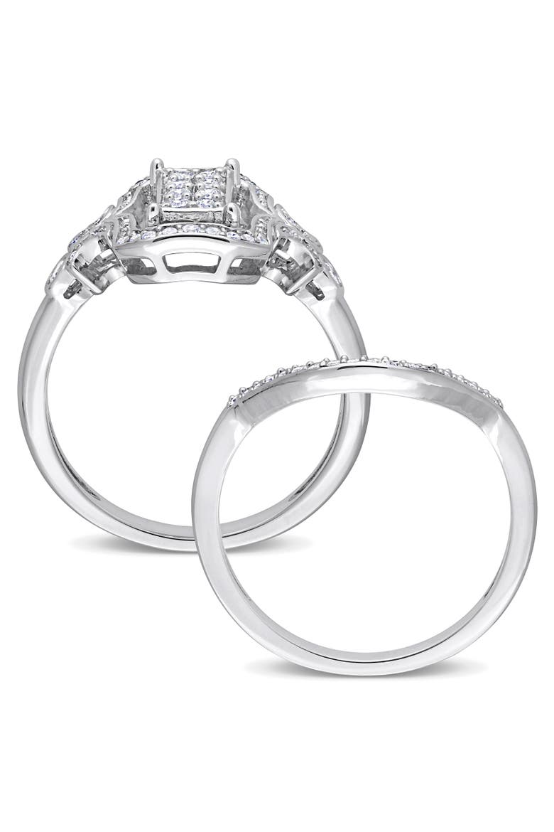 Diamond Cluster Halo Bridal Ring Set, Alternate, color, Sterling Silver