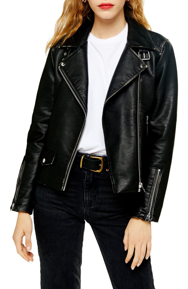 Topshop Lucky Faux Leather Biker Jacket, Main, color,