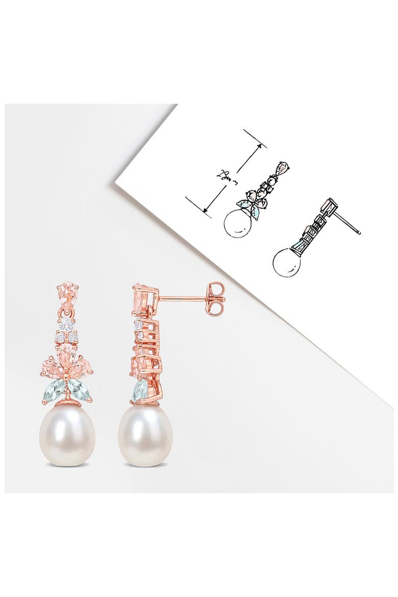 18K Rose Gold Plated Morganite, White Topaz, Aquamarine & 8.5–9mm Cultured Pearl Drop Earrings, Alternate, color, PINK