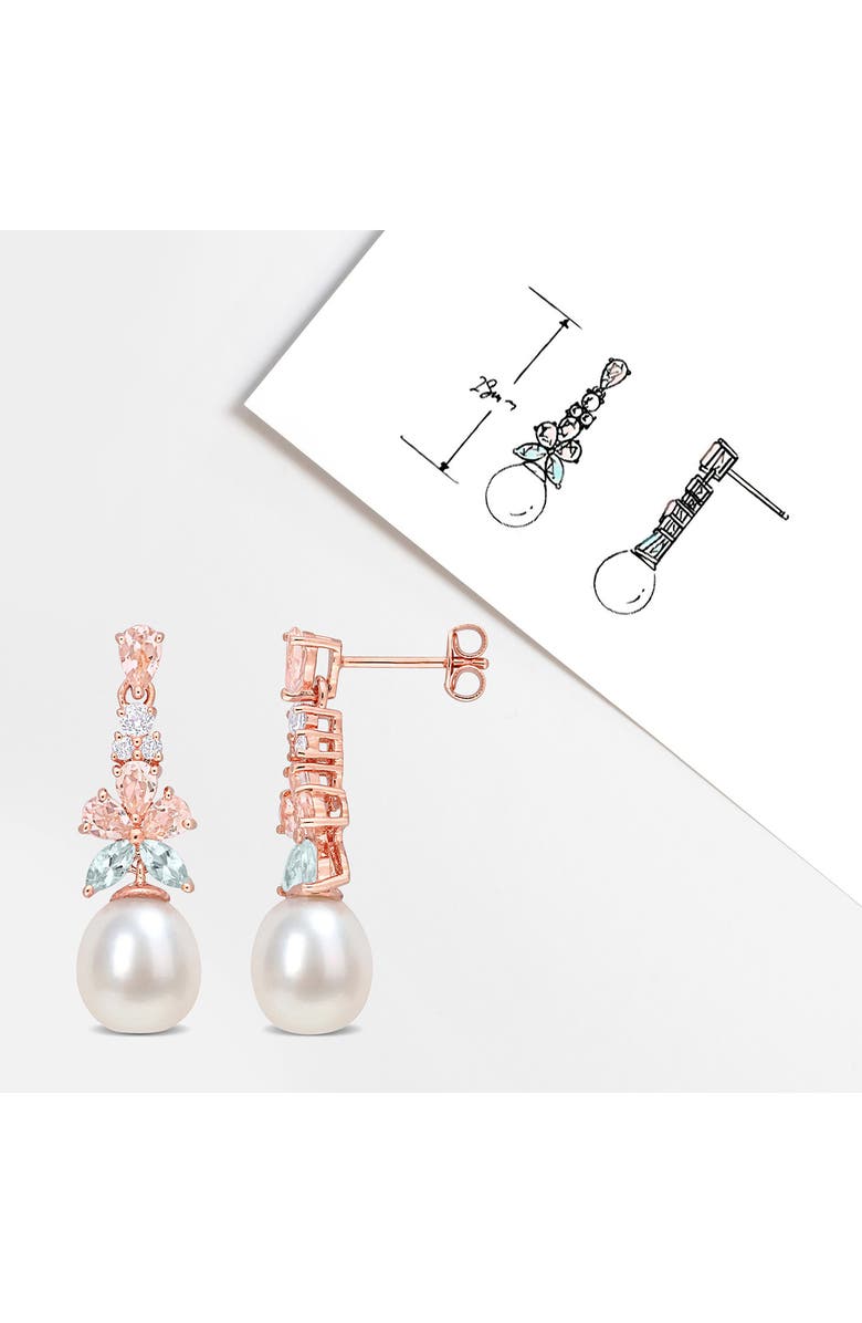 DELMAR 18K Rose Gold Plated Morganite, White Topaz, Aquamarine & 8.5–9mm Cultured Pearl Drop Earrings, Alternate, color, Pink