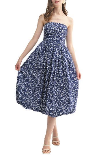 Lush Strapless Bubble Hem Midi Dress In Navy Floral