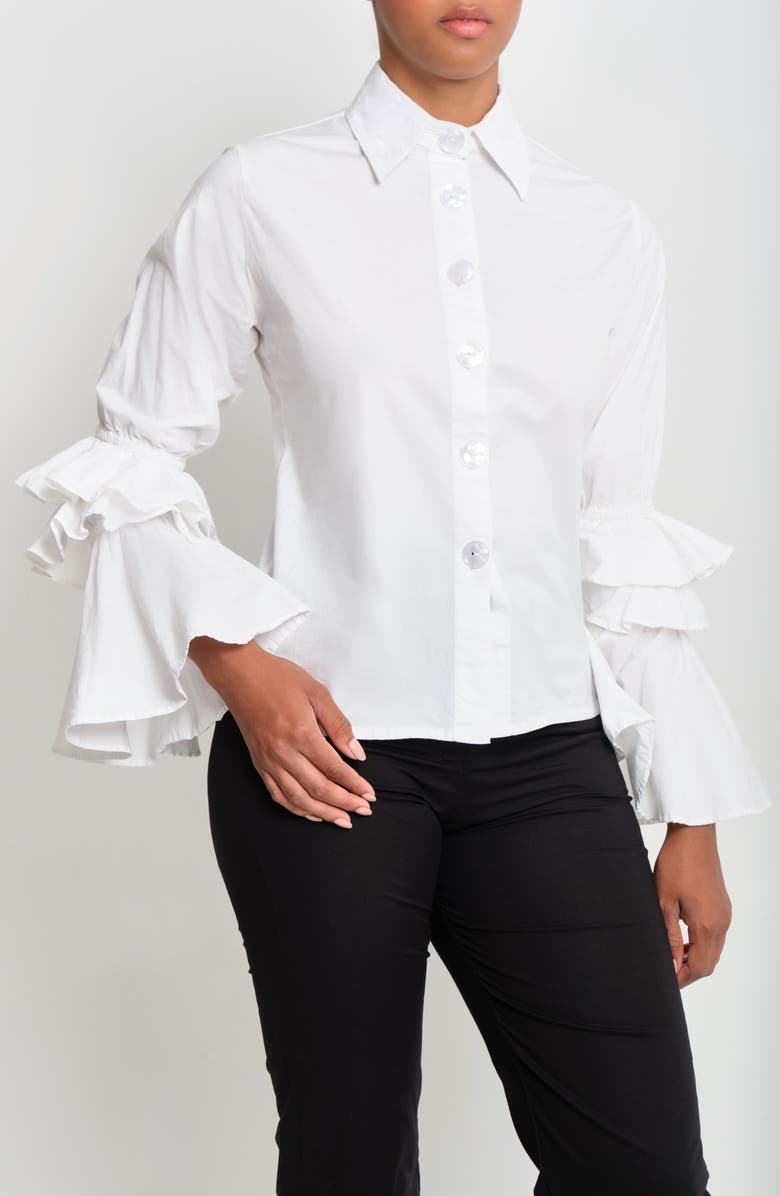 The Lulo Project Brave Ruffle Bell Sleeve Stretch Cotton Button-Up Shirt, Alternate, color, Crudo
