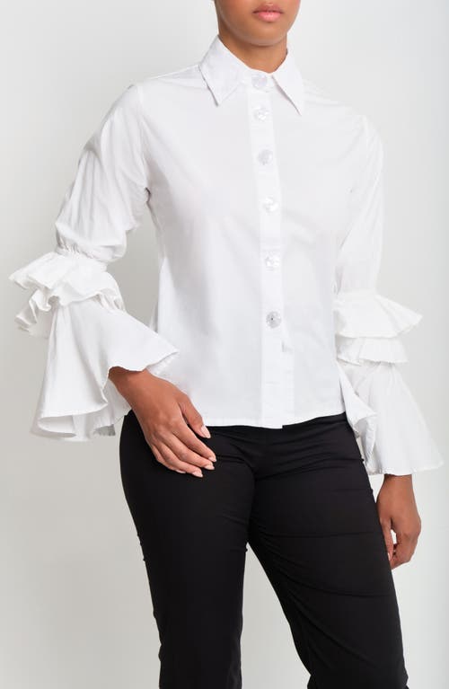 The Lulo Project Brave Ruffle Bell Sleeve Stretch Cotton Button-up Shirt In White