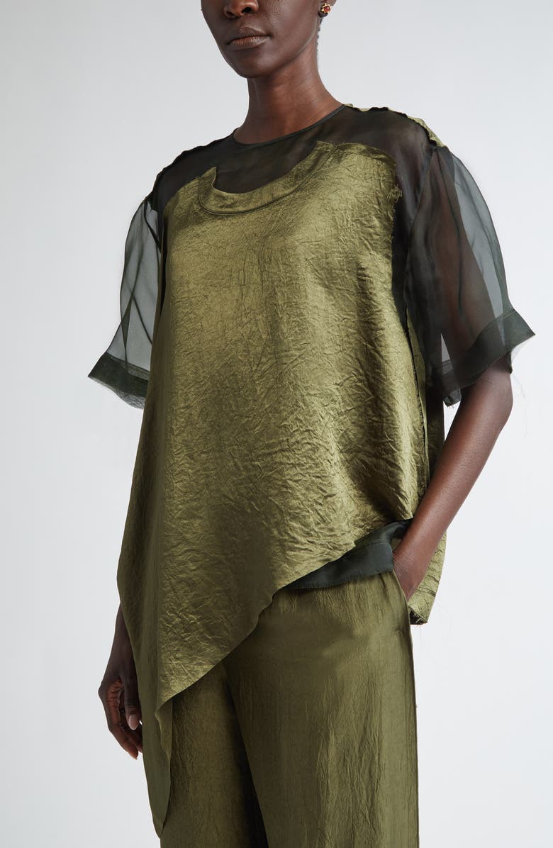 Jason Wu Collection Asymmetrical Silk Organza & Crinkled Satin Top, Alternate, color, Dark Fern