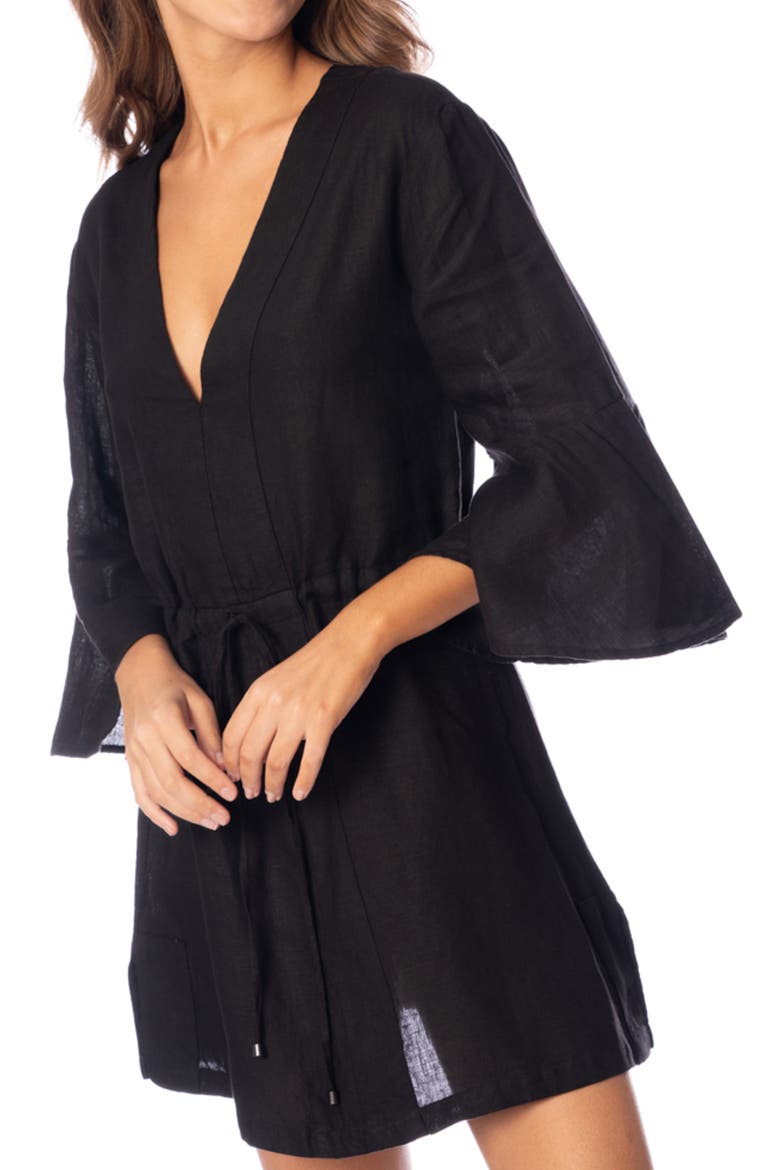 Jade Joy Bell Sleeve Linen Cover-Up Minidress, Alternate, color, BLACK