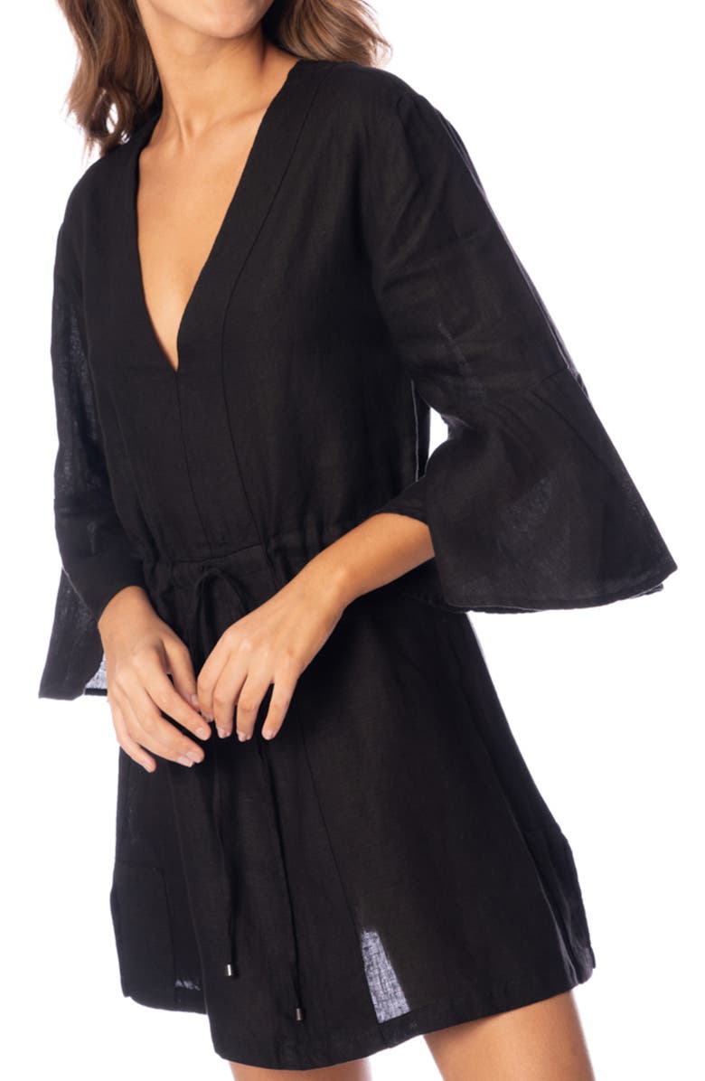 Maaji Jade Joy Bell Sleeve Linen Cover-Up Minidress, Alternate, color, Black