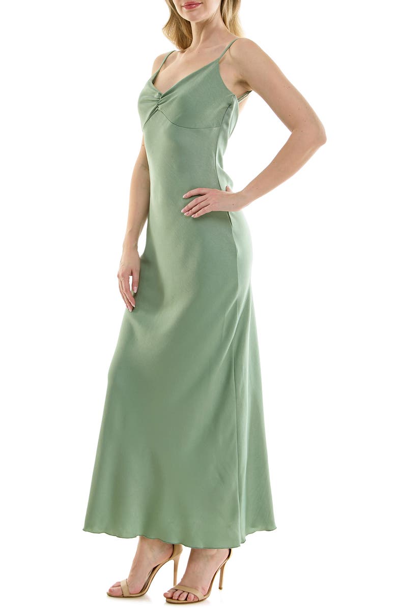 bebe Draped Back Crepe Maxi Slipdress, Alternate, color, Sage