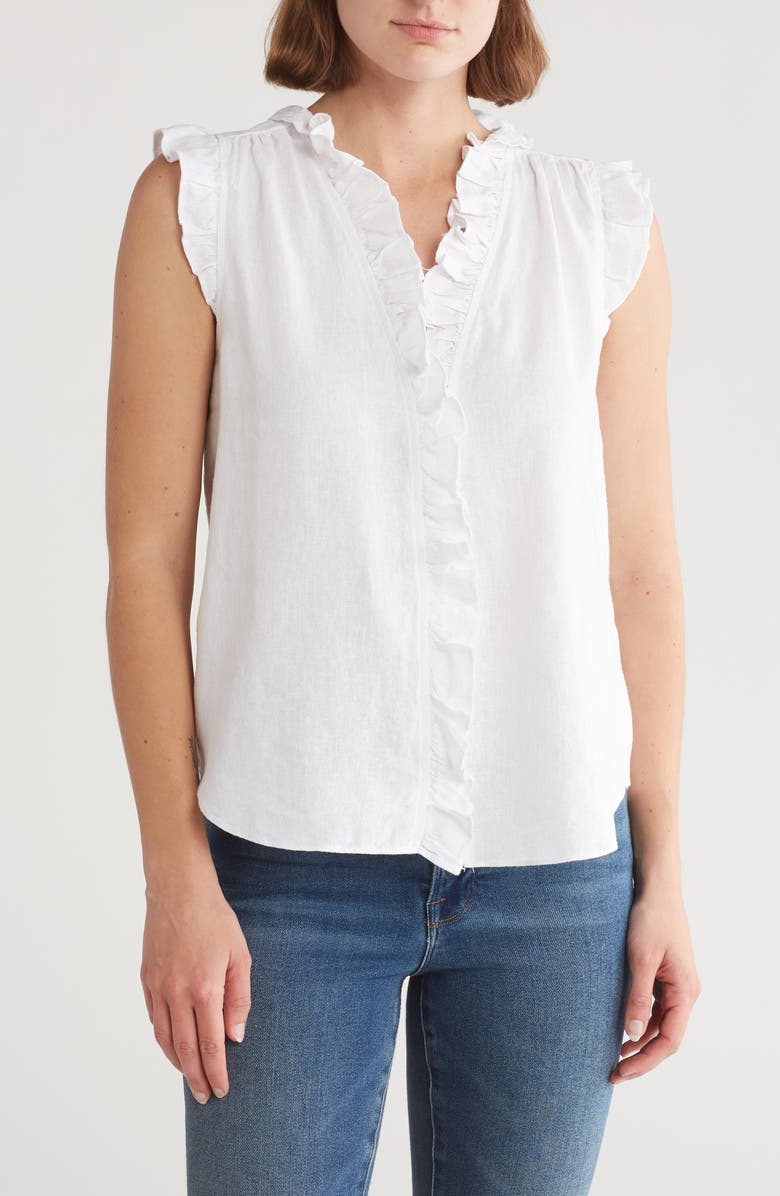 Ellen Tracy Ruffle Linen Blend Shirt, Main, color, White