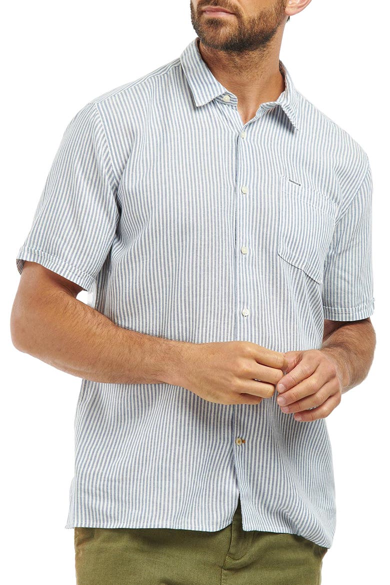 Deerpark Stripe Short Sleeve Cotton Button-Up Shirt, Main, color, NAVY
