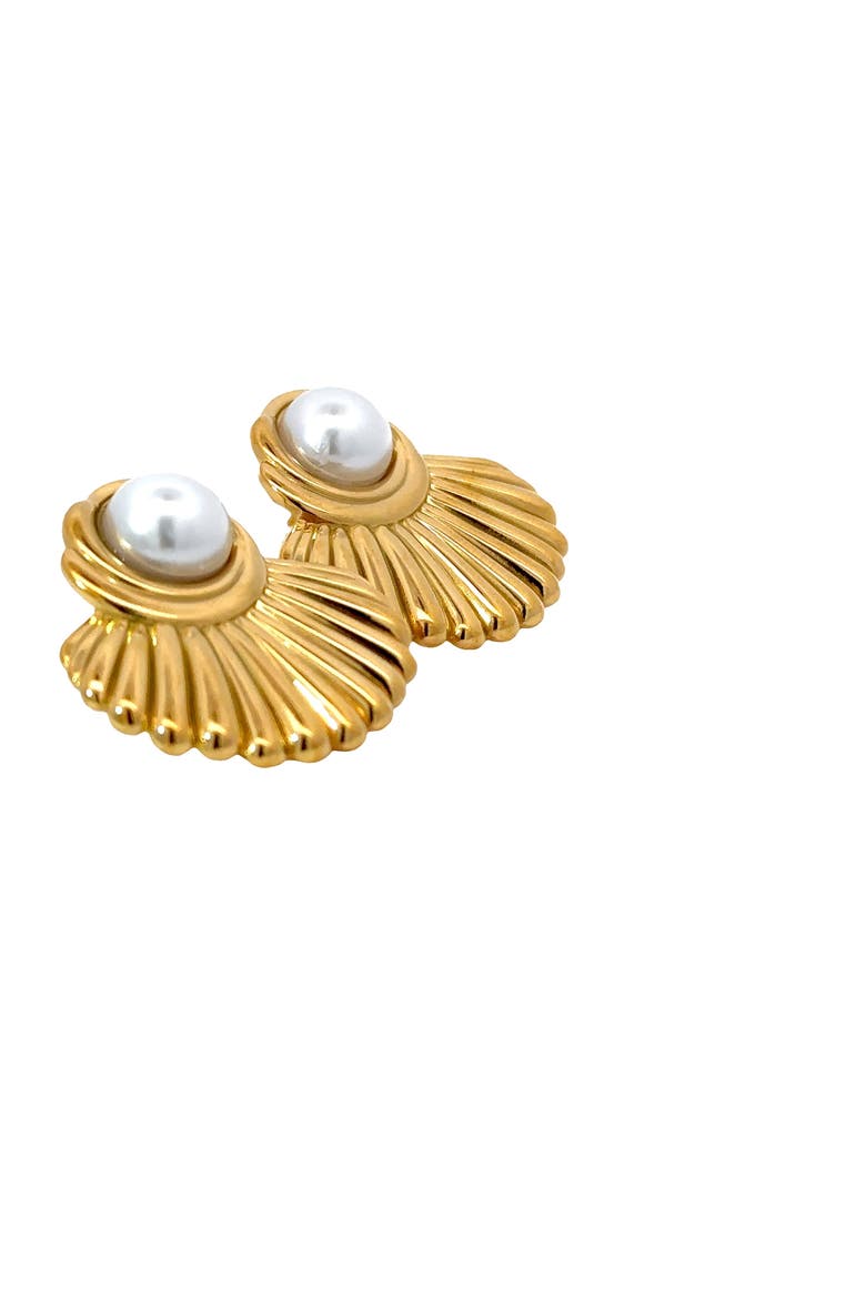18K Yellow Gold Plated Crystal Pearl Shell Stud Earrings, Alternate, color, Yellow