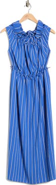 Longchamp Stripe Off the Shoulder Cap Sleeve Dress