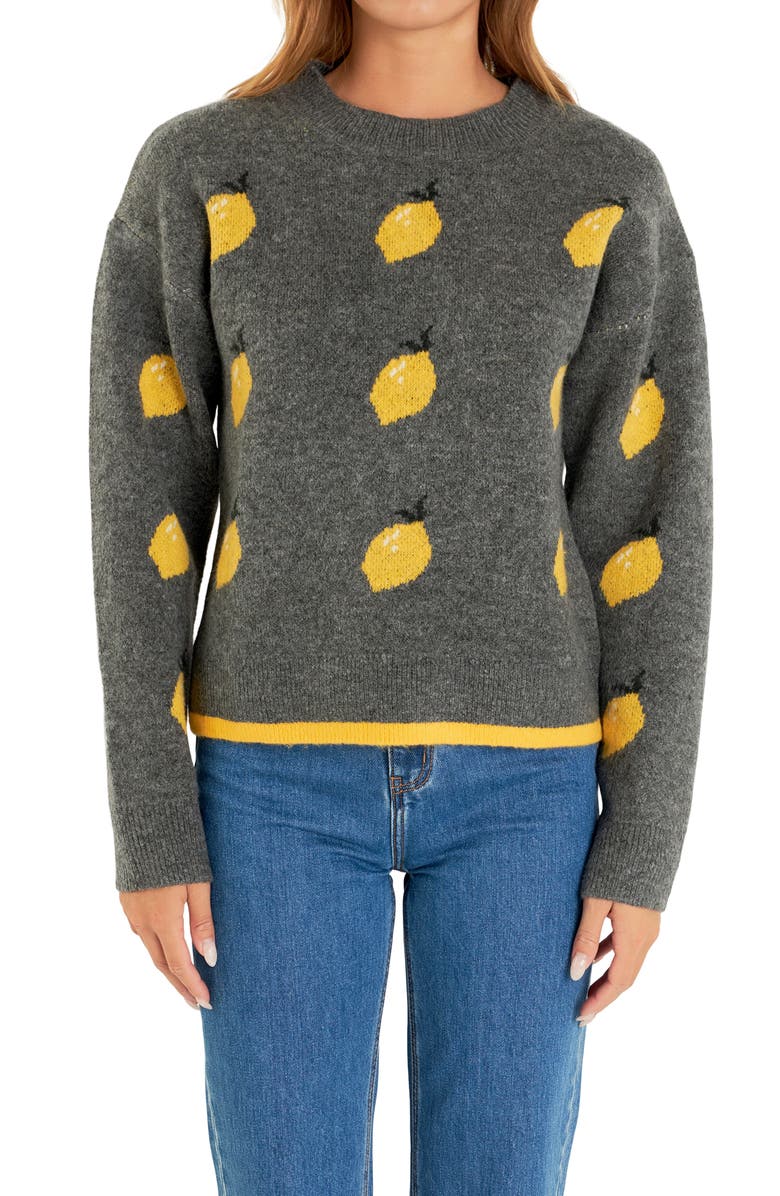 English Factory Lemon Crewneck Sweater, Alternate, color, Charcoal