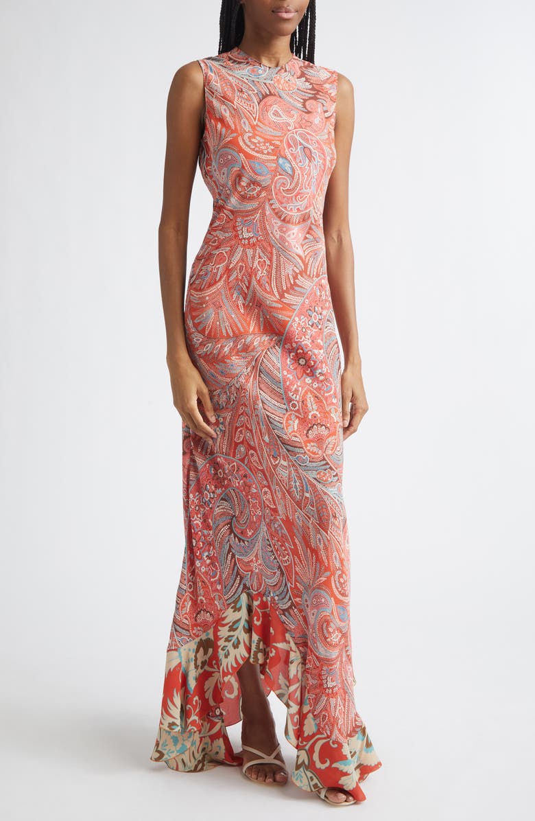 Etro Paisley Asymmetric Ruffle Hem Dress, Alternate, color, Red