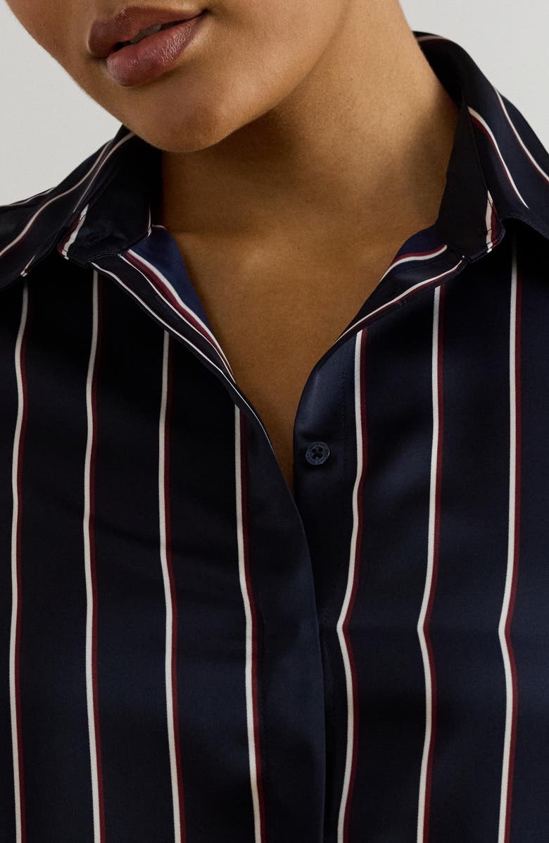 Lauren Ralph Lauren Classic Stripe Charmeuse Button-Up Shirt, Alternate, color, Navy/ Cream/ Garnet