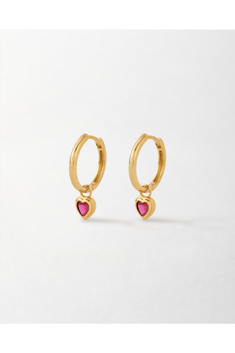 Solid Gold Heart Ruby Hoop Earrings, Main, color, Metallic Gold
