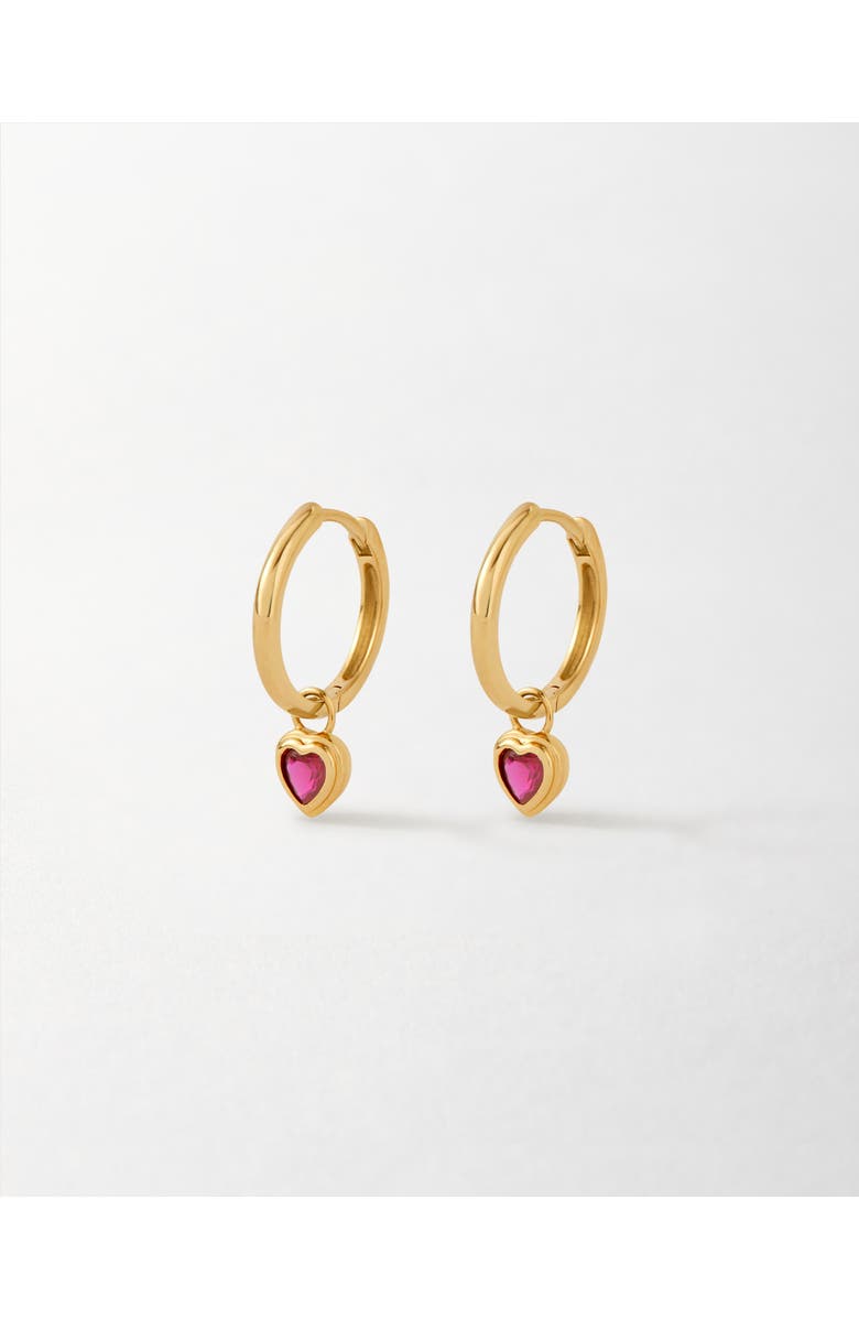 Edge of Ember Solid Gold Heart Ruby Hoop Earrings, Main, color, Metallic Gold