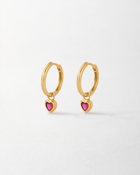 Solid Gold Heart Ruby Hoop Earrings