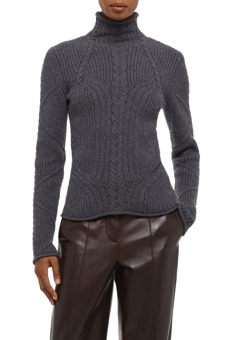 Zephir Cable Stitch Turtleneck Wool Blend Sweater, Alternate, color, CHARCOAL