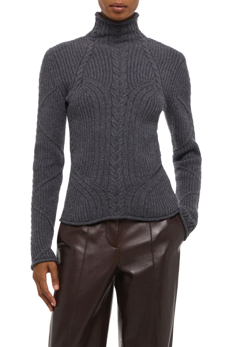 Helmut Lang Zephir Cable Stitch Turtleneck Wool Blend Sweater, Alternate, color, Charcoal