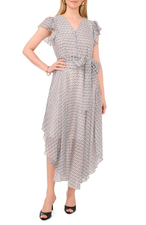 V-Neck Tie Belt Button Front Maxi Dress