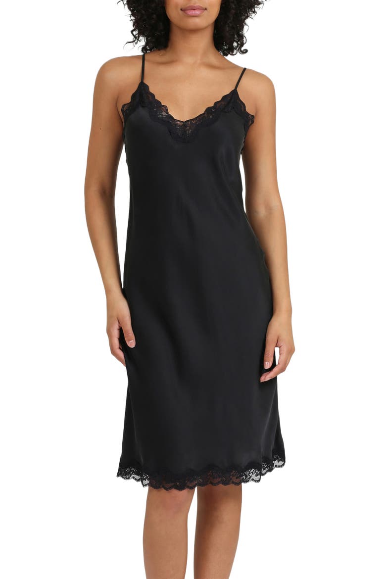 Camille Lace Trim Silk Nightgown, Main, color, BLACK
