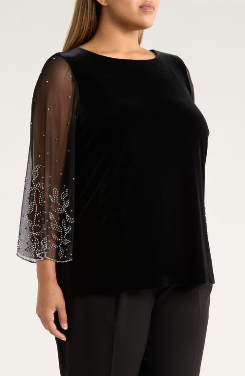 Alex Evenings Sheer Rhinestone Sleeve Velvet Blouse In Black