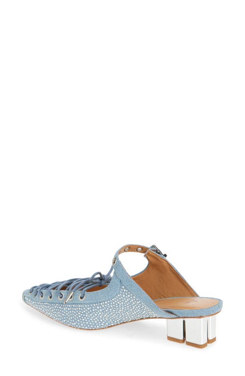 Ganni Embellished Lace-up Denim Mules In Faded Denim