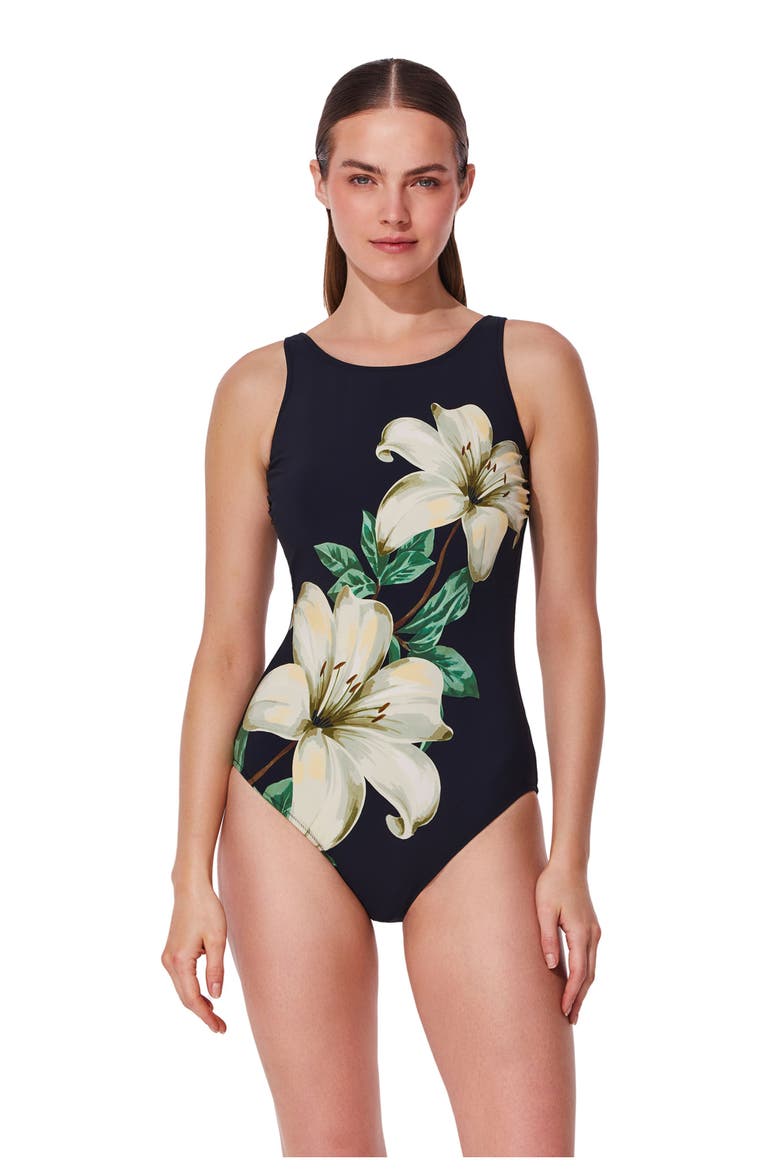 Yuri Flower Post Mastectomy High Neck One Piece, Main, color, Black-Cream
