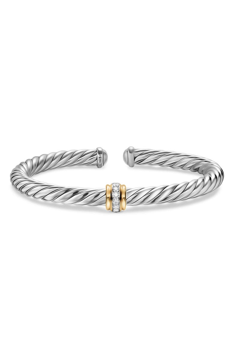 David Yurman Cable Flex Center Station Bracelet in Sterling Silver with 14K Yellow Gold and Diamonds, 6mm, Alternate, color, Silver Pave