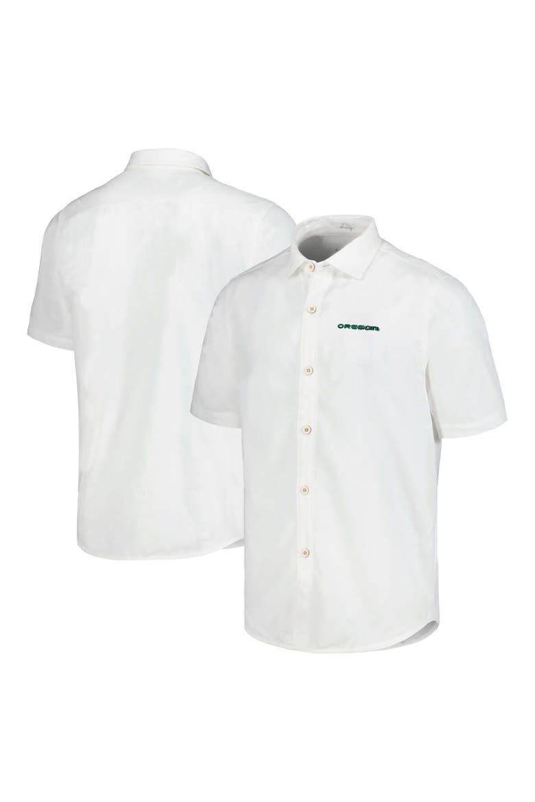 Men's Tommy Bahama White Oregon Ducks Coconut Point Palm Vista IslandZone Camp Button-Up Shirt, Main, color, White