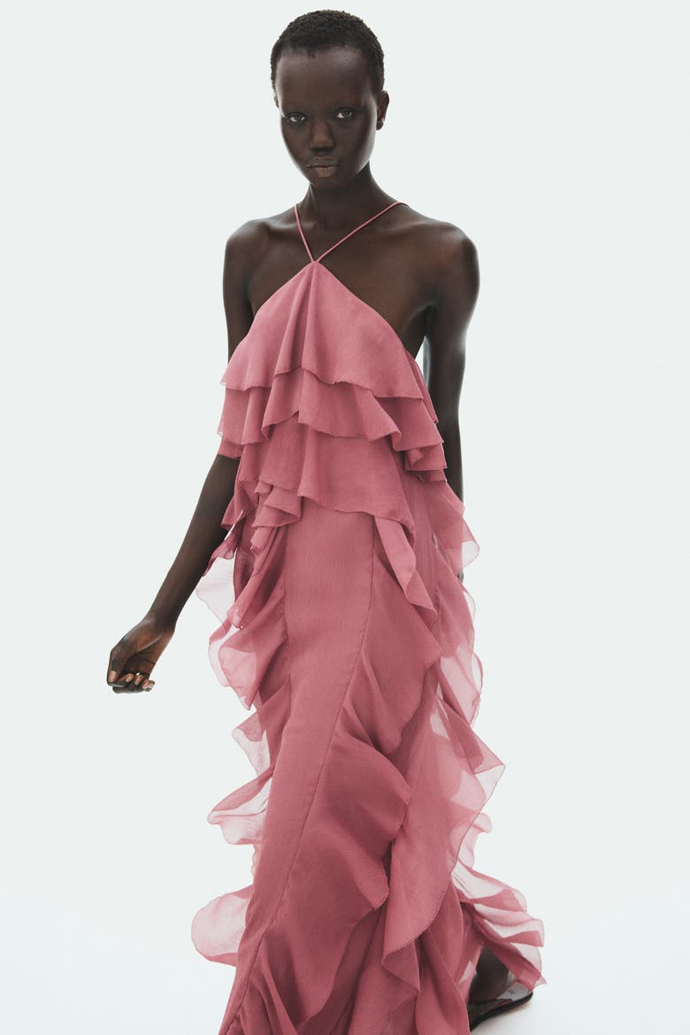 Flounced Chiffon Dress, Main, color, Dark dusty pink