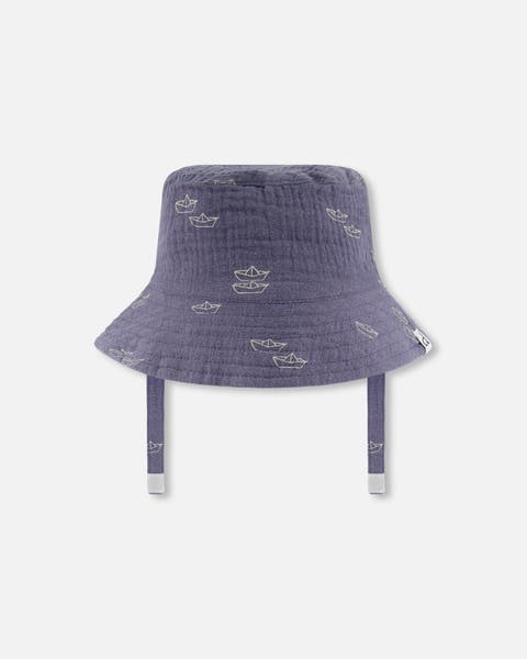 Baby Boy's Printed Muslin Bucket Hat Navy Blue Paper Boats