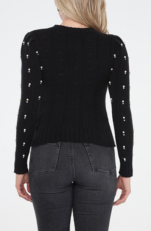 Rain And Rose Faux Pearl Cotton Blend Pointelle Sweater In Black