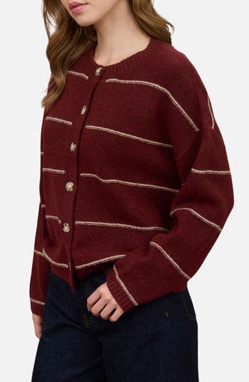 Blu Pepper Stripe Crewneck Cardigan In Red Wood