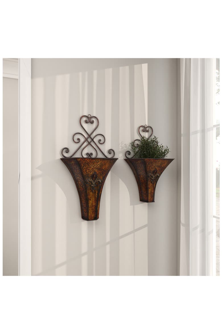 Brown Metal Indoor Outdoor Hanging Scroll Wall Planter - Set of 2, Alternate, color, BROWN