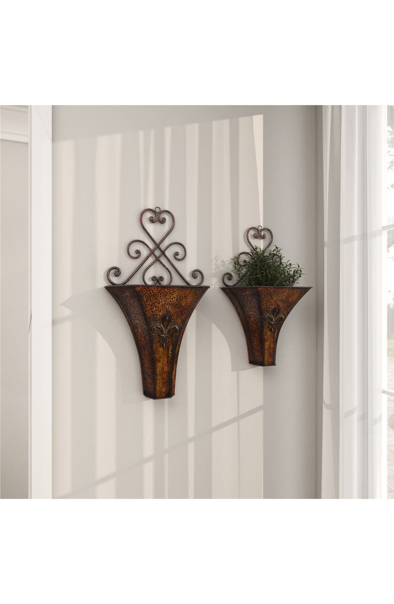 SONOMA SAGE HOME Brown Metal Indoor Outdoor Hanging Scroll Wall Planter - Set of 2, Alternate, color,