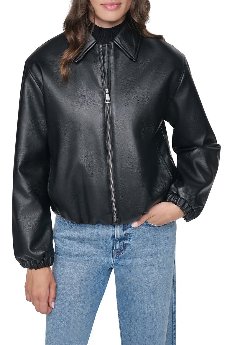 Faux Leather Bomber Jacket, Main, color, BLACK